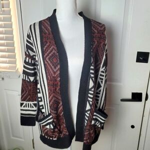 Ecote Open Cardigan Sweater Womens XS Maroon Black Southwestern Boho‎ Acrylic